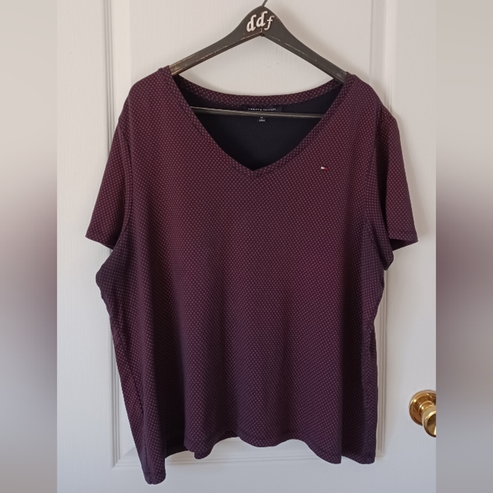 WOMEN'S 2X TOMMY HILFIGER 100% COTTON SHORT-SLEEVE V-NECK NAVY RED POLKA DOT TOP